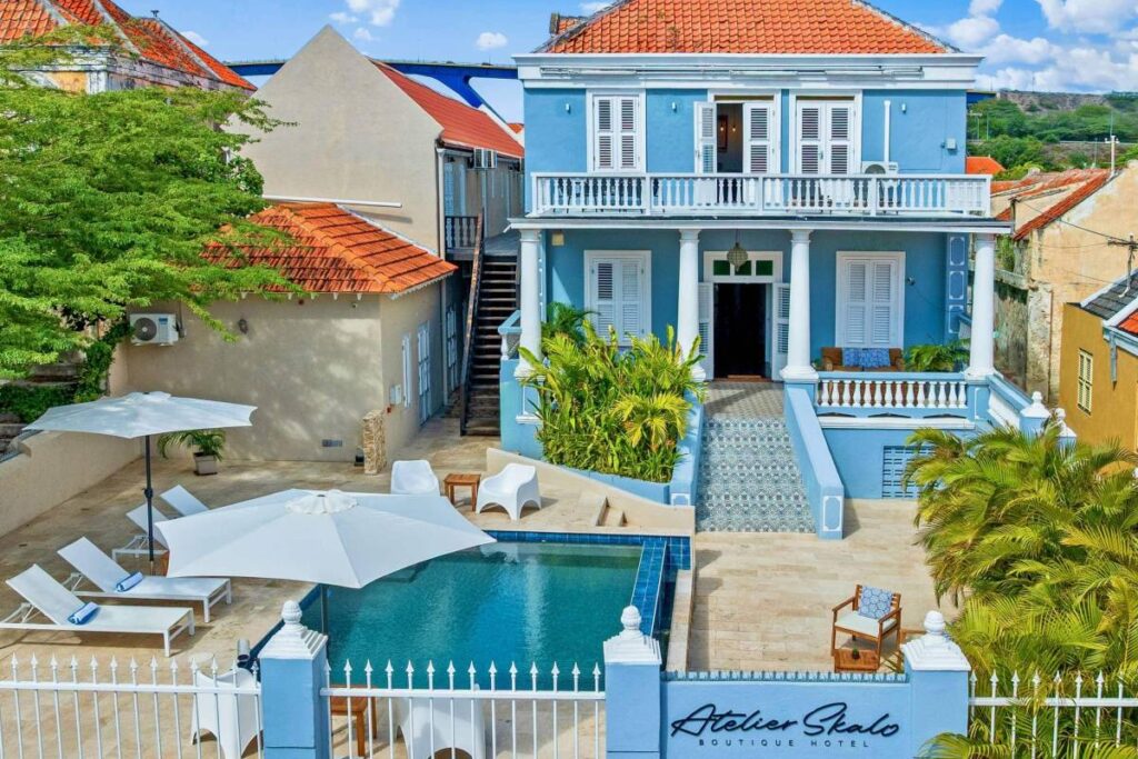 Aerial view of Atelier Skalo Boutique Hotel in Willemstad, Curaçao